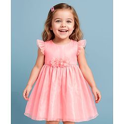 Babyhug Woven Frill Sleeves Party Dress With Floral Corsage - Peach