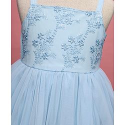 Babyhug Woven Sleeveless Mesh Party Dress With Floral Embroidery - Light Blue