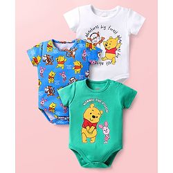 Babyhug Disney Interlock Knit Half Sleeves Onesies with Winnie the Pooh Graphics Pack of 3 - White Green & Blue