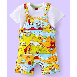 Babyhug Single Jersey Knit Half Sleeves T-Shirt & Dungaree with Funfair Theme Print - Multicolor