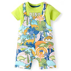 Babyhug Single Jersey Knit Dungaree & Half Sleeves T-Shirt With Dino Print - Green & Multicolor