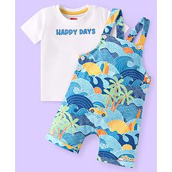 Babyhug Single Jersey Knit Dungaree & Half Sleeves T-Shirt With Beach Theme Print - Blue & White