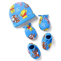 Babyhug Interlock Knit Caps Mittens & Booties Set With Winnie The Pooh Print Blue - Diameter 10
