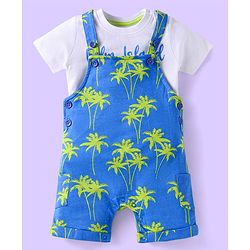 Babyhug Single Jersey Knit Half Sleeves T-Shirt & Dungaree with Beach Theme Print - White & Blue