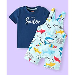 Babyhug Single Jersey Knit Dungaree & Half Sleeves T-Shirt With Shark Print - Light & Navy Blue