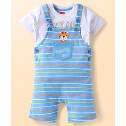 Babyhug Single Jersey Knit Half Sleeves T-Shirt & Dungaree with Text Print & Stripes - White & Light Blue