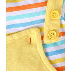 Babyhug Single Jersey Knit Half Sleeves Striped T-Shirt & Dungaree with Dino Print & Applique - Yellow