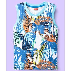 Babyhug Cotton Knit Sleeveless Tank T-Shirt With Tropical Print - Blue & White