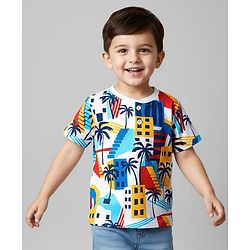 Babyhug Cotton Knit Half Sleeves T-Shirt with Coconut Tree Print - White
