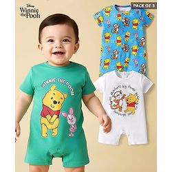 Babyhug Disney Interlock Knit Half Sleeves Rompers with Winnie the Pooh Graphics Pack of 3 - White Green & Light Blue