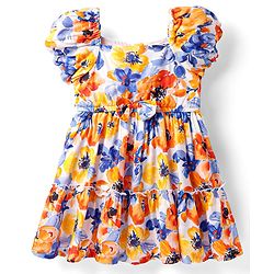 Babyhug Woven Puffed Sleeves Frocks with Floral Print - White & Blue