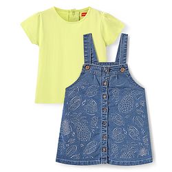 Babyhug Cotton Woven Frock & Half Sleeves Inner Tee With Tropical Theme Embroidery - Blue & Light Green