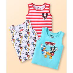Babyhug Disney Single Jersey Knit Sleeveless Vests With Mickey Mouse Graphics Pack of 3 - Aqua Blue Red & White