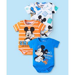 Babyhug Disney Interlock Knit Half Sleeves Onesies With Mickey Mouse Graphics Pack Of 3 - Blue White & Orange