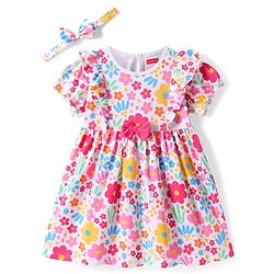 Babyhug Cotton Woven Half Puffed Sleeves Floral Printed Frock with Bow Applique & Headband - White