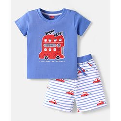 Babyhug Single Jersey Knit Half Sleeves T-Shirt & Shorts Set with Car Print - Light Blue