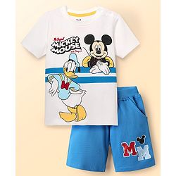 Babyhug Disney Single Jersey Knit Half Sleeves T-Shirt & Shorts Set With Mickey Mouse & Family Graphics - White & Blue
