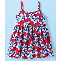 Babyhug Cotton Woven Singlet Sleeves Dress With Floral Print - Red