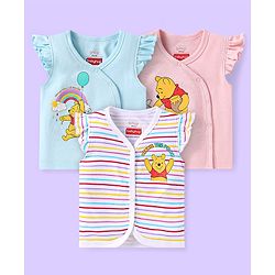 Babyhug Interlock Cotton Knit Frill Sleeves Front Open Jhablas With Minnie Mouse & Daisy Duck Graphics Pack of 3 - Pink Yellow & Blue main image 0