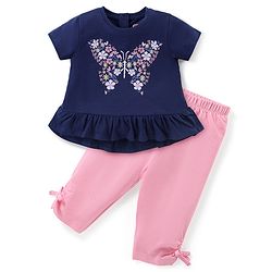 Babyhug Single Jersey Knit Half Sleeves Top & Leggings Set with Floral Embroidery - Navy Blue & Pink
