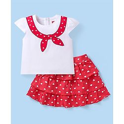 Babyhug Single Jersey Knit Half Cap Sleeves Top & Skirt Set with Hearts Print - White & Red