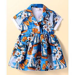 Babyhug Single Jersey Knit Half Sleeves Collared Frock with Floral Print - Blue
