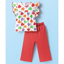 Babyhug Single Jersey Knit Frill Sleeves Top & Legging Set With Heart Print & Bow Applique - White & Red