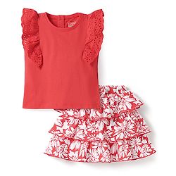 Babyhug Single Jersey Knit Frill Sleeves Top & Layered Skirt with Floral Print & Bow Applique - Red