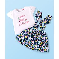 Babyhug Single Jersey Knit Cap Sleeves Top & Skirt Set With Floral Print & Attached Suspender - White & Navy Blue