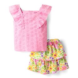 Babyhug Single Jersey Knit Frill Sleeves Chifilli Top & Layered Skirt Set with Floral Print - Yellow & Pink