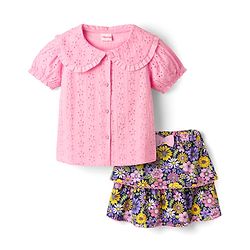 Babyhug Single Jersey Knit Half Puffed Sleeves Chifilli Top & Layered Skirt Set with Floral Print - Navy Blue & Pink