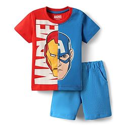 Babyhug Marvel Single Jersey Knit Half Sleeves T-Shirt & Shorts Set With Avengers Graphics - Red & Blue