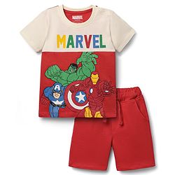 Babyhug Marvel Single Jersey Knit Half Sleeve Cut & Sew T-Shirt & Short Set With Avengers Graphic - Red & Offwhite