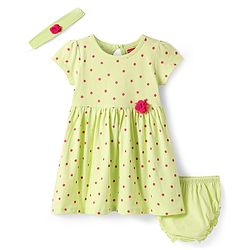 Babyhug Single Jersey Knit Half Sleeves Polka Dot Printed Frock With Floral Applique Bloomer & Headband - Light Green