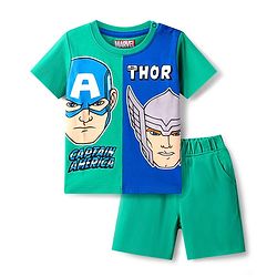 Babyhug Marvel Half Sleeves Cut & Sew T-Shirt & Shorts Set with Avengers Graphics- Green