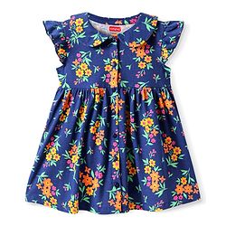 Babyhug Cotton Knit Frill Sleeves Front Open Dress With Floral Print & Peter Pan Collar - Navy Blue