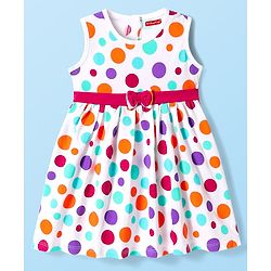 Babyhug Cotton Woven Sleeveless Frock with Polka Dots Print & Bow Applique - White