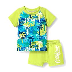 Babyhug Cotton Water Repellant Two Piece Swimming Suit With Tropical Theme - Green