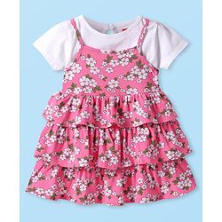 Babyhug Cotton Knit Frock & Half Sleeves Inner Tee With Floral Print - Pink & White