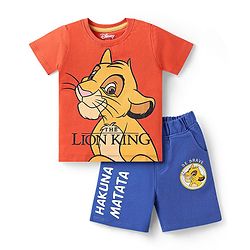 Babyhug Disney Single Jersey Knit Half Sleeves T-Shirt & Shorts Set with Simba Graphics - Dark Orange & Blue