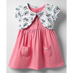 Babyhuhg Cotton Knit Half Sleeves Frock & Shrug with Floral Print - Pink & White