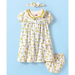 Babyhug Cotton Woven Peter Pan Collar Puffed Half Sleeves Frock Bloomer & Headband With Floral Print - White