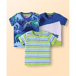 Babyhug Cotton Knit Half Sleeves T-Shirts with Dino Print & Stripes Pack of 3 - Blue & Green