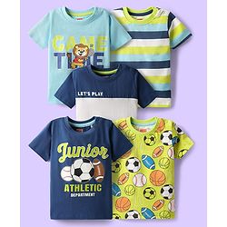 Babyhug Cotton Knit Half Sleeves T-Shirt With Stripes & Game Time Print & Theme Pack Of 5 - Navy Blue & Limegreen