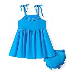 Babyhug Single Jersey Knit Sleeveless Solid Frock With Bloomer - Turquoise Blue
