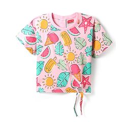 Babyhug Cotton Knit Half Sleeves T-Shirt with Tropical Print & Knot Detailing Print - Pink
