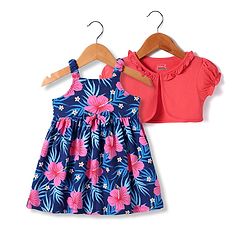 Babyhug Single Jersey Knit Frock & Half Sleeves Shrug With Floral Print - Navy Blue & Pink