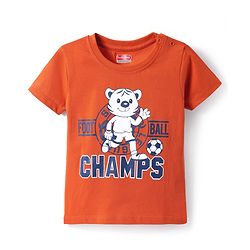 Babyhug Cotton Knit Half Sleeves T-Shirt with Champs Text Print - Rust Orange