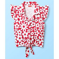 Babyhug Cotton Knit Frill Sleeves Knotted Top with Floral Print - Red