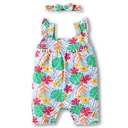 Babyhug Interlock Knit Sleeveless Romper & Head Band with Floral Print - White & Green